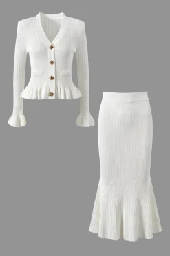 MICAS Knitwear|Knit Sets-Solid Knit Button Top And Ruffle Mermaid Skirt Set