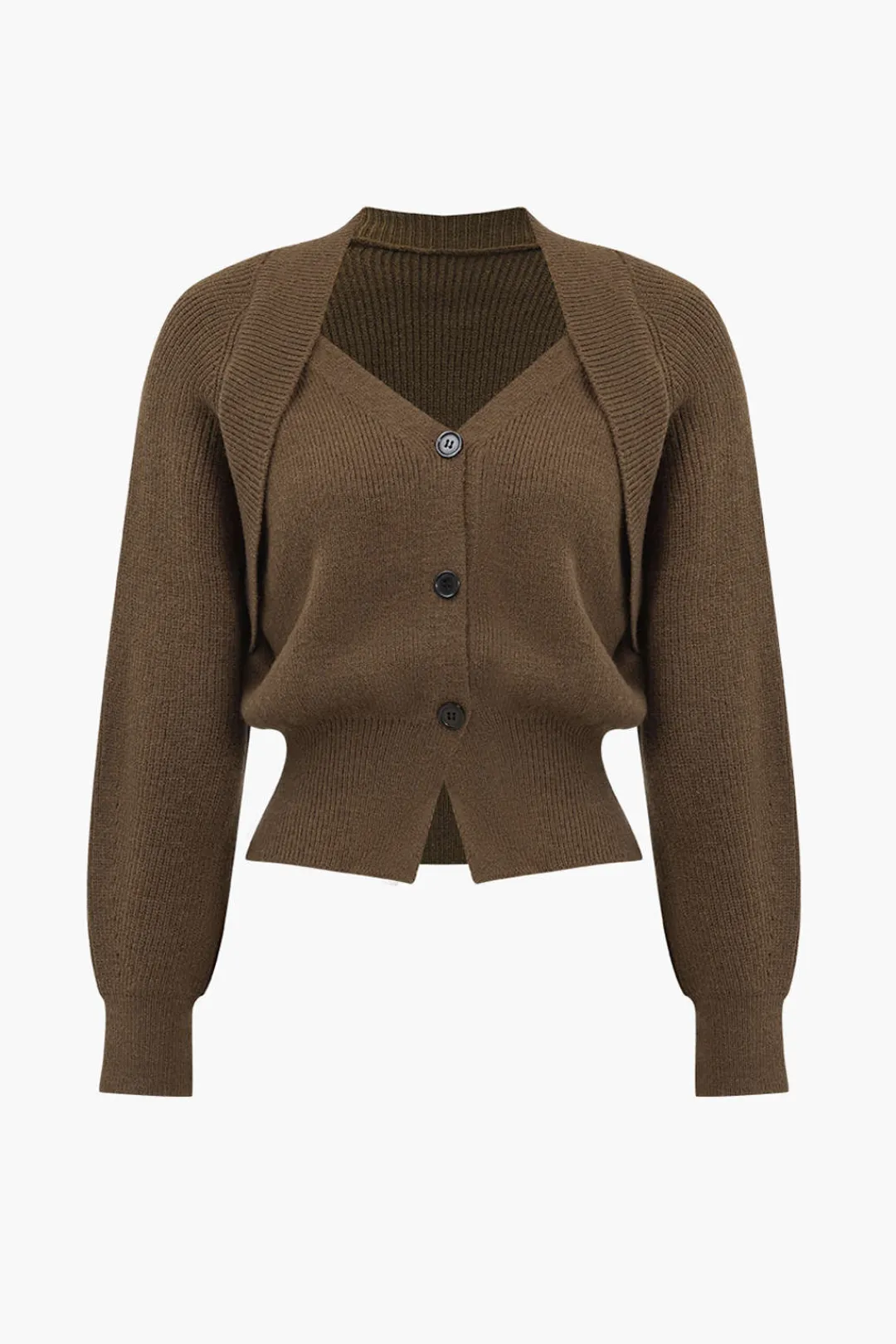 MICAS Outerwear|Knitwear-Solid Knit Button V-neck Long Sleeve Cardigan