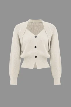 MICAS Outerwear|Knitwear-Solid Knit Button V-neck Long Sleeve Cardigan