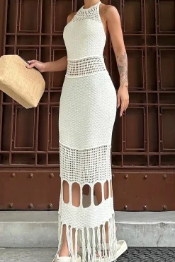 MICAS Knit Dresses-Solid Knit Fringe Cut Out Tie-Up Dress IVORY