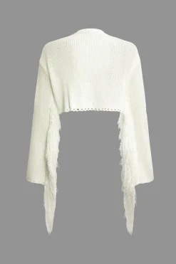 MICAS Knit Sets-Solid Knit Fringe Long Sleeve Top And Mini Skirt Set WHITE