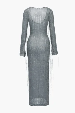 MICAS Knit Dresses-Solid Knit Fringe V-Neck Long Sleeve Maxi Dress GRAY MELANGE