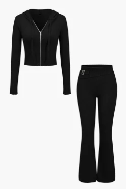 MICAS Knitwear|Knit Sets-Solid Knit Hooded Top And Asymmetrical Pants Set