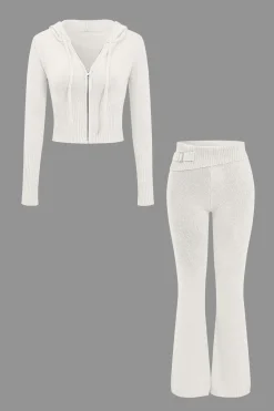 MICAS Knitwear|Knit Sets-Solid Knit Hooded Top And Asymmetrical Pants Set