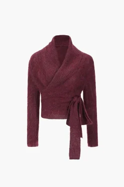 MICAS Outerwear|Knitwear-Solid Knit Knot V-neck Asymmetrical Cardigan BURGUNDY