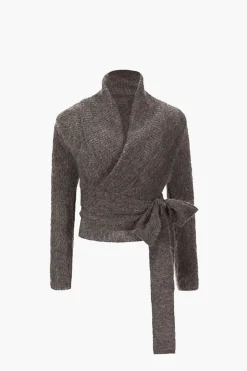 MICAS Outerwear|Knitwear-Solid Knit Knot V-neck Asymmetrical Cardigan BURGUNDY