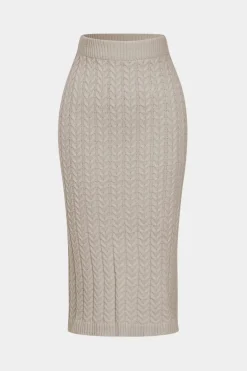 MICAS Knit Sets-Solid Knit Long Sleeve Top And Slit Skirt Set BEIGE