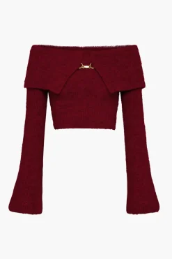 MICAS Knitwear|Knit Tops-Solid Knit Metallic Off Shoulder Long-Sleeve Top