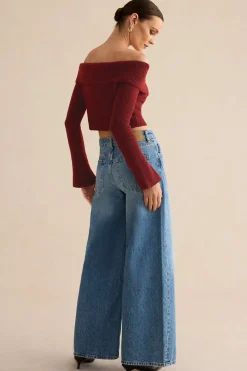 MICAS Knitwear|Knit Tops-Solid Knit Metallic Off Shoulder Long-Sleeve Top