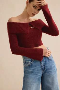 MICAS Knitwear|Knit Tops-Solid Knit Metallic Off Shoulder Long-Sleeve Top