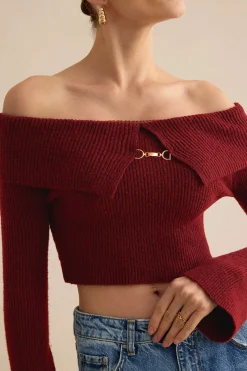 MICAS Knitwear|Knit Tops-Solid Knit Metallic Off Shoulder Long-Sleeve Top