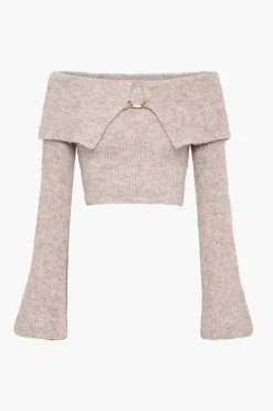 MICAS Knitwear|Knit Tops-Solid Knit Metallic Off Shoulder Long-Sleeve Top