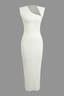 MICAS Knit Dresses-Solid Knit Slit Button Asymmetrical Midi Dress WHITE