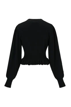 MICAS Knitwear|Knit Tops-Solid Knit V-Neck Long-Sleeve Top BLACK