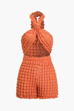 MICAS Jumpsuits & Rompers-Solid Knot Cut Out Grid Texture Romper TANGERINE