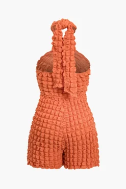 MICAS Jumpsuits & Rompers-Solid Knot Cut Out Grid Texture Romper TANGERINE