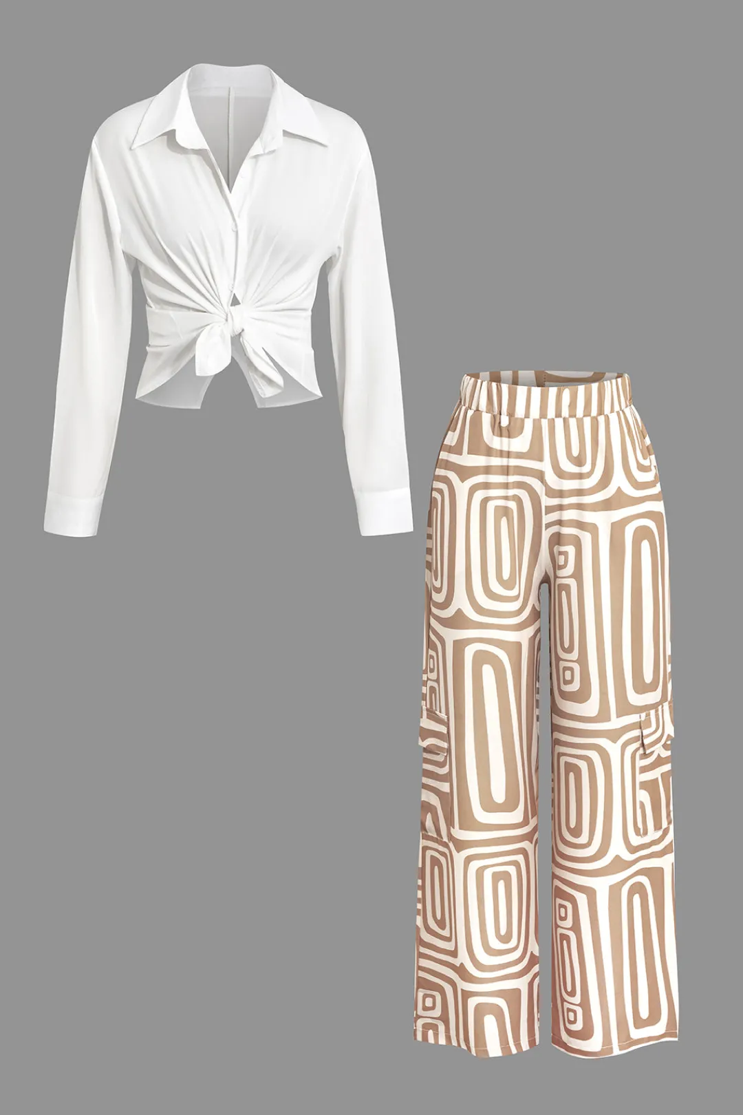 MICAS Pant Sets|Vacation Sets-Solid Knot Shirt And Artistic Print Pants Set