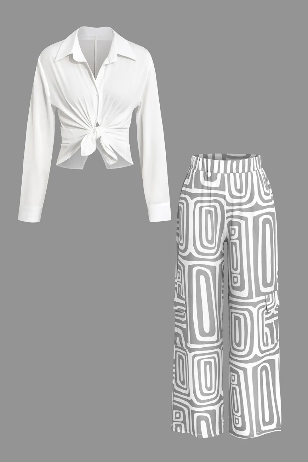 MICAS Pant Sets|Vacation Sets-Solid Knot Shirt And Artistic Print Pants Set
