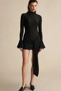 MICAS Mini Dresses|Long Sleeve Dresses-Solid Knotted Bell Sleeves Mini Dress BLACK
