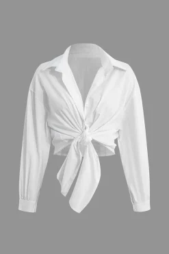 MICAS Long Sleeve Tops|Long Sleeves Tops-Solid Knotted Long-Sleeve Shirt WHITE