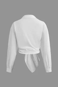 MICAS Long Sleeve Tops|Long Sleeves Tops-Solid Knotted Long-Sleeve Shirt WHITE