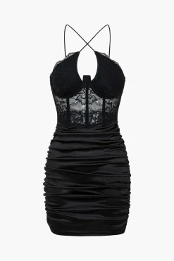 MICAS Mini Dresses-Solid Lace Crossed Mini Dress BLACK