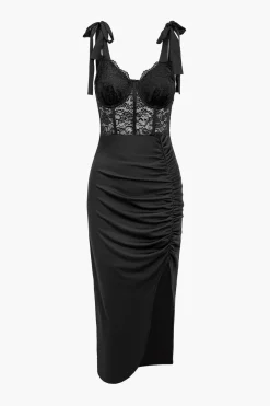 MICAS Midi Dresses-Solid Lace Slit Knotted Sheer Bustier Midi Dress BLACK