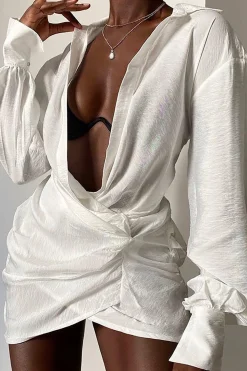 MICAS Long Sleeve Dresses|Mini Dresses-Solid Long Sleeve Deep V Mini Dress