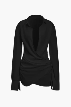 MICAS Long Sleeve Dresses|Mini Dresses-Solid Long Sleeve Deep V Mini Dress