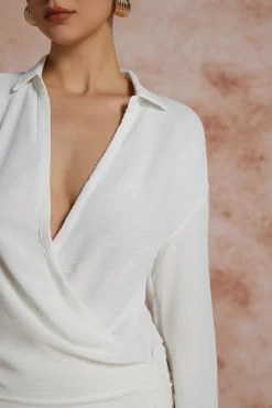 MICAS Long Sleeve Dresses|Mini Dresses-Solid Long Sleeve Deep V Mini Dress