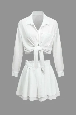 MICAS Short Sets-Solid Long-Sleeve Shirt And Ruffle Short Set WHITE