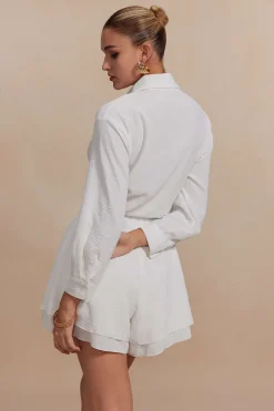 MICAS Short Sets-Solid Long-Sleeve Shirt And Ruffle Short Set WHITE