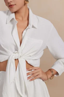 MICAS Short Sets-Solid Long-Sleeve Shirt And Ruffle Short Set WHITE