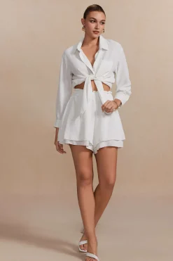 MICAS Short Sets-Solid Long-Sleeve Shirt And Ruffle Short Set WHITE