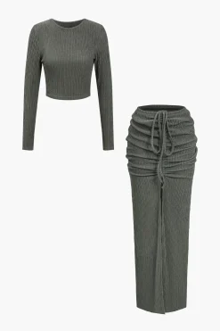 MICAS Skirt Sets-Solid Long-Sleeve Top And Drawstring Skirt Set GRAY
