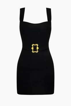 MICAS Mini Dresses-Solid Metallic Buckle Belted Mini Dress BLACK