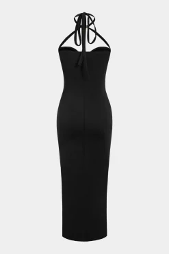 MICAS Maxi Dresses-Solid Metallic Cut Out Halter Tie Back Maxi Dress BLACK