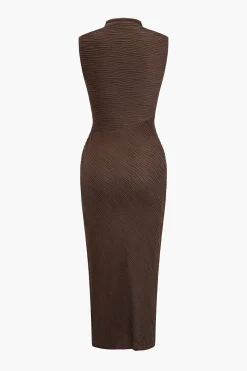 MICAS Midi Dresses-Solid Metallic Tank Cut Out Asymmetrical Midi Dress COFFEE