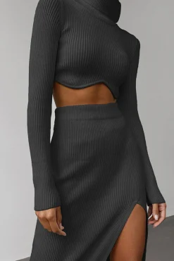 MICAS Vacation Sets|Knit Sets-Solid Mock Neck Ribbed Knit Crop Top And Slit Skirt Set BLACK