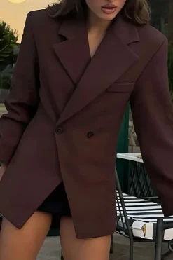 MICAS Outerwear|Outerwear-Solid Notched Lapel Button Blazer COFFEE