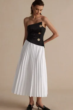 MICAS Maxi Dresses-Solid Patchwork Pleated Asymmetrical Maxi Dress OPTICAL WHITE