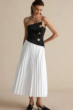 MICAS Maxi Dresses-Solid Patchwork Pleated Asymmetrical Maxi Dress OPTICAL WHITE