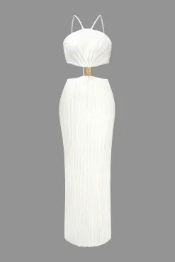 MICAS Maxi Dresses-Solid Pleated Slit Maxi Dress