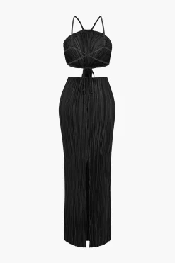 MICAS Maxi Dresses-Solid Pleated Slit Maxi Dress