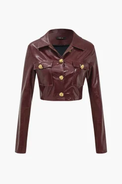 MICAS Outerwear|Outerwear-Solid PU Button And Pocket Details Jacket