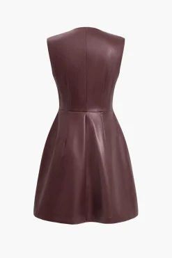 MICAS Mini Dresses-Solid PU Leather Button Mini Dress