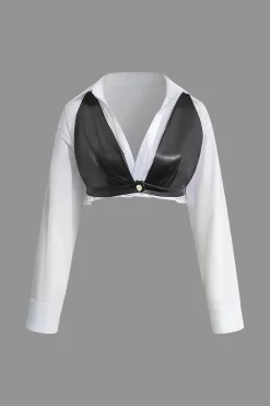 MICAS Long Sleeve Tops|Long Sleeves Tops-Solid Pu Patchwork Color Block Long-Sleeve Shirt BLACK