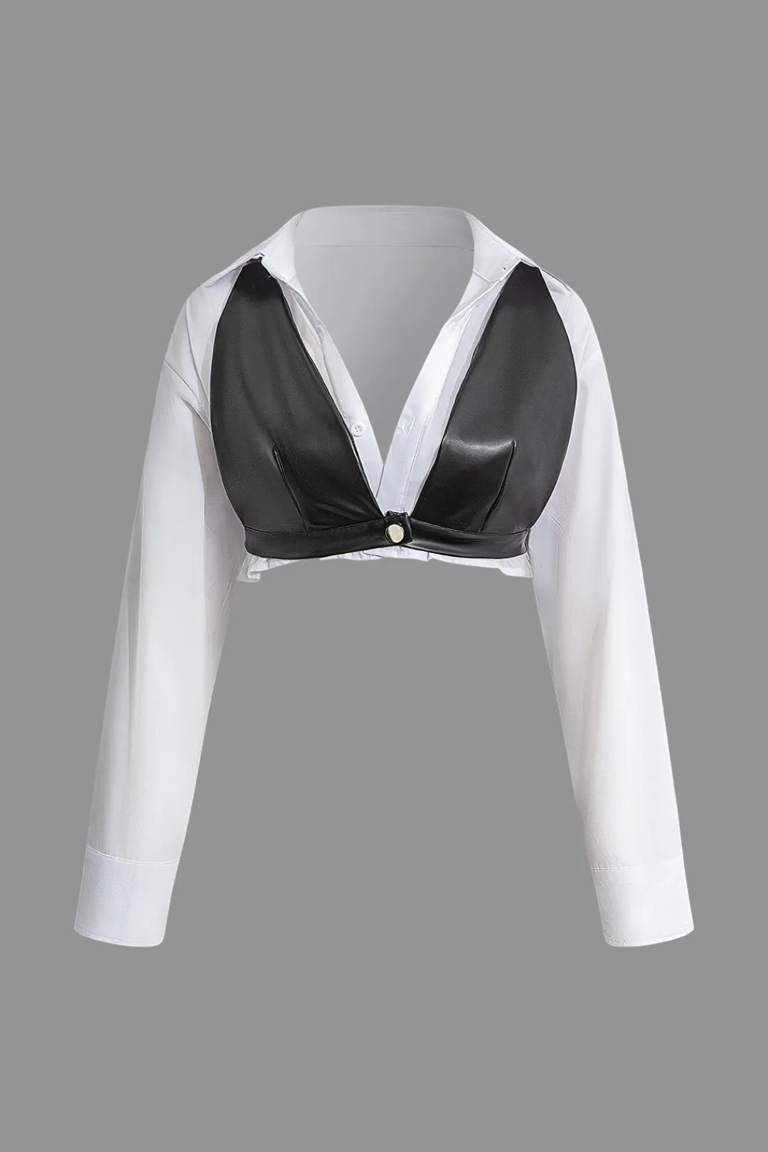 MICAS Long Sleeve Tops|Long Sleeves Tops-Solid Pu Patchwork Color Block Long-Sleeve Shirt BLACK