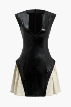 MICAS Mini Dresses-Solid Pu Patchwork Ruched Zipper Mini Dress