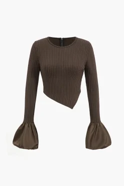 MICAS Long Sleeve Tops|Long Sleeves Tops-Solid Puff Sleeve Zipper Long-Sleeve Top COFFEE